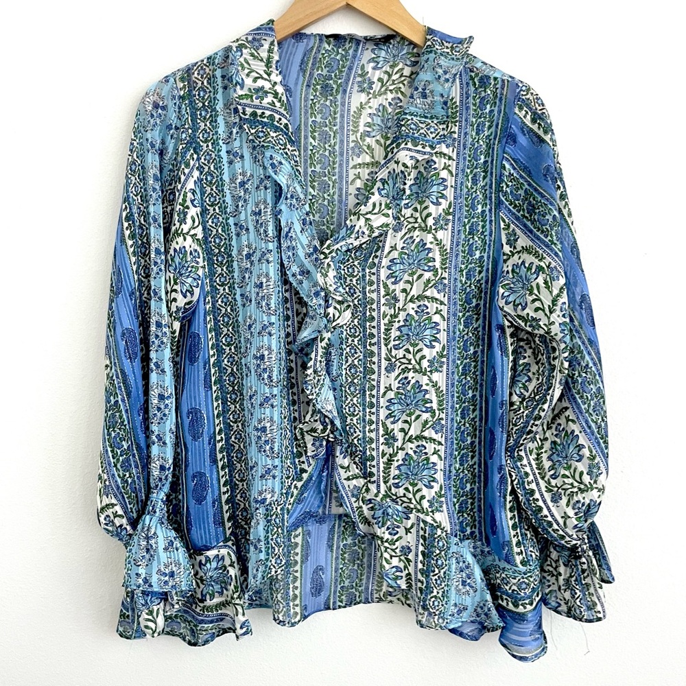 Floral Blue Ruffle Women's Top